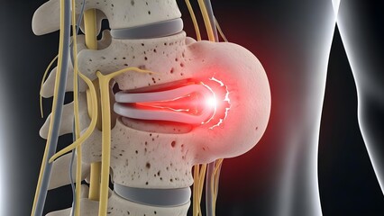 The painful reality of a herniated disc with nerve root impingement in the human spine, causing intense discomfort