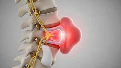 3D Medical Illustration of a Herniated Disc Compressing a Spinal Nerve