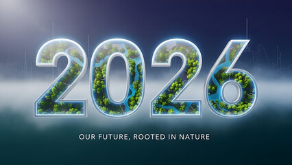Digital rendering of the year 2026 with lush green nature inside the numbers