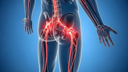 3D Medical Illustration of Human Sciatic Nerve and Lower Body Nervous System Anatomy