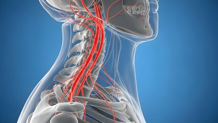 Detailed 3D Medical Illustration of the Human Cervical Spine and Nervous System Anatomy
