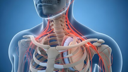 3D rendering of human upper body anatomy showing skeleton and nervous system