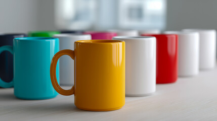 Different colored mugs arranged on a table with some mugs in the background