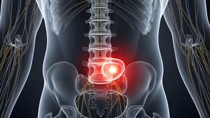 Human Spine Anatomy with Lumbar Pain Highlighted in Red