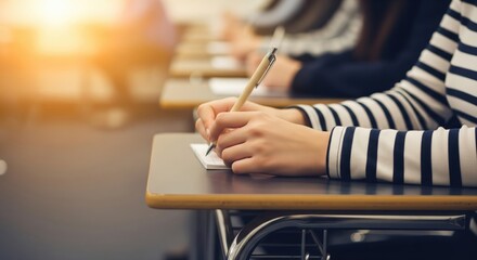 Close up of student hands writing notes or taking an exam in a lecture classroom setting.