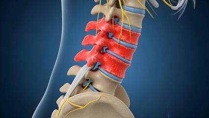 3D medical illustration of human lumbar spine inflammation and nerve pathways