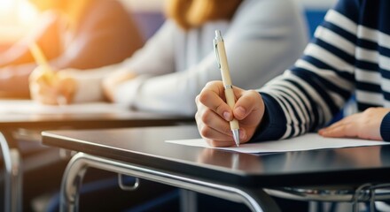 Close-up of student hand writing an exam answer on a desk in a warm classroom setting.