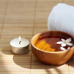 Serene spa essentials glowing candle, jasmine flowers in water, white towel on bamboo, inviting tranquil relaxation