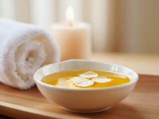 Serene spa arrangement with a glowing candle, soft towel, and fragrant essential oil for ultimate relaxation and wellness