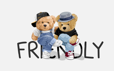 friendly slogan with bear doll friends sitting cross legs vector illustration
