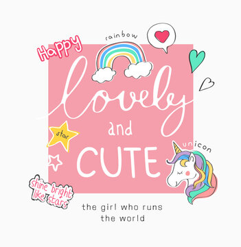 lovely and cute slogan with colorful cute icons on pink square background
