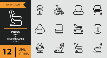 Specialty, smart & comfort seating line icons representing various chair types