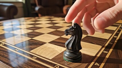Closeup of a wooden chessboard with a knight piece in mid move during an indoor game.