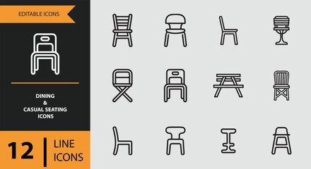 Dining and casual seating line icons set with various chairs and tables for modern design