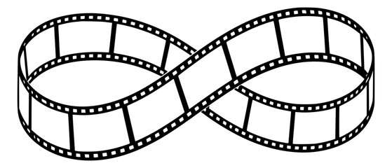 film strip forming infinity loop symbol representing endless cinema, storytelling, video production, and timeless visual media concept