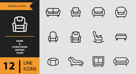 Home and living room seating furniture line icons collection for modern interior design