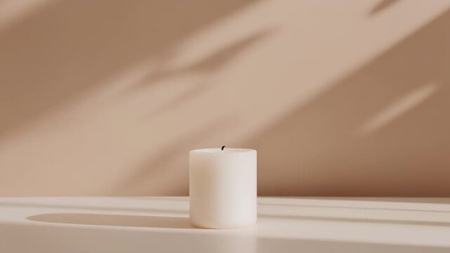 Minimalist Composition of a White Candle on a Light Surface with Soft Shadow Play from Foliage
