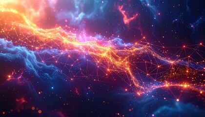 Bright orange and pink energy streams weave through a glowing digital nebula of blue and purple nodes.
