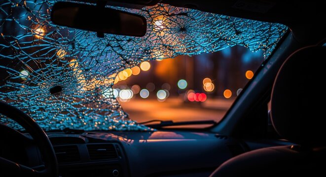 Shattered car windshield viewed from the dark interior at night against city bokeh lights