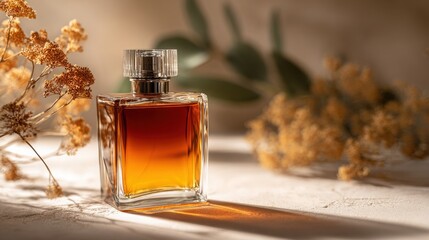 Elegant glass perfume bottle with warm amber liquid, styled with dried flowers and lush greenery in soft natural light, creating a serene ambiance