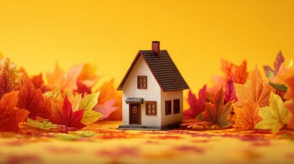 Cozy miniature house surrounded by colorful autumn leaves on a bright yellow background, evoking warmth and the spirit of fall in a beautiful setting