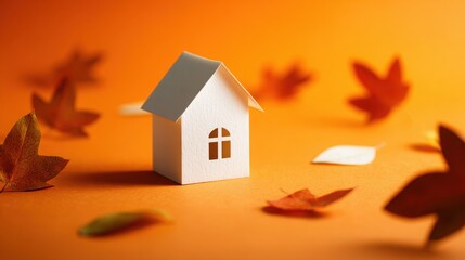 Small White Paper House Surrounded by Colorful Autumn Leaves on Vibrant Orange Background for Seasonal Home and Lifestyle Themes