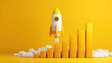 Creative Concept of a Rocket Launching with Rising Bar Graphs on a Bright Yellow Background Representing Business Growth and Innovation