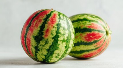 Fresh Watermelons on Light Background, Juicy Ripe Fruit with Green Stripes and Red Flesh, Healthy Summer Snack and RefreshingDessert Option
