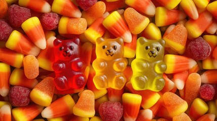 Colorful assortment of gummy bears and candy corn scattered together creating a vibrant and festive Halloween-themed background for celebrations.