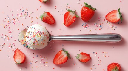 Fresh Strawberries and Ice Cream Scoop with Colorful Sprinkles on a Pink Background for Sweet Dessert and Summer Treats