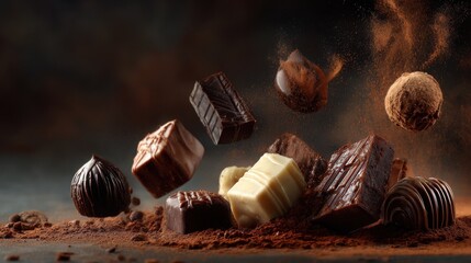 A Delectable Display of Assorted Chocolates and Cocoa Powder with Dramatic Lighting Creating an Enticing Gourmet Chocolate Scene