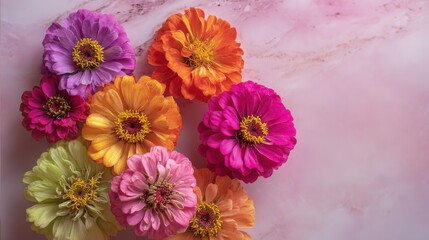 Bright and Colorful Zinnia Flowers Arranged on Soft Pink Marble Background, Perfect for Spring or Summer Designs, Floral Inspiration and Home Decor