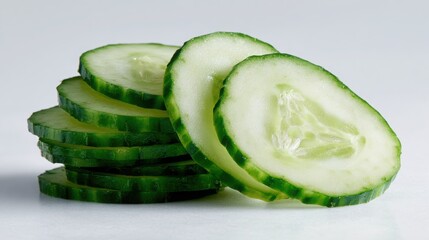 Freshly Sliced Cucumbers on White Background, Healthy Snack Option for Salads, Sandwiches and Dishes, Nutrient-Rich and Hydrating Vegetable Ingredient