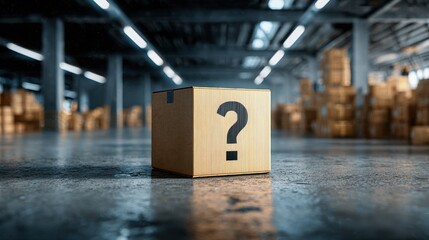 Mysterious cardboard box with a question mark symbol in a spacious warehouse filled with stacks of wooden crates and industrial lighting