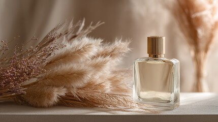 Elegant Glass Perfume Bottle Surrounded by Natural Dried Plants in Soft Neutral Tones for Minimalistic Home Decor and Aromatic Inspiration