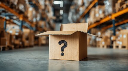 Open Cardboard Box with Question Mark Symbol in Warehouse Surrounded by Stacked Boxes and Shelving for Shipping and Logistics Concept