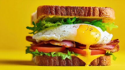 Delicious Breakfast Sandwich with Fried Egg, Bacon, Fresh Lettuce, Tomato Layers, and Golden Yolk on Toasted Bread Against Bright Yellow Background