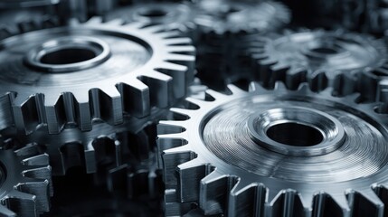Close-Up View of Interlocking Metal Gears with Detailed Texture and Shiny Surface for Industrial and Mechanical Concepts