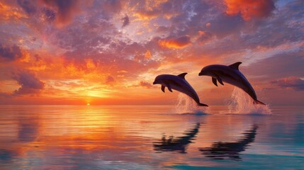 Majestic Dolphins Jumping Against a Vibrant Sunset Sky Over Calm Ocean Waters, Creating a Breathtaking Natural Scene