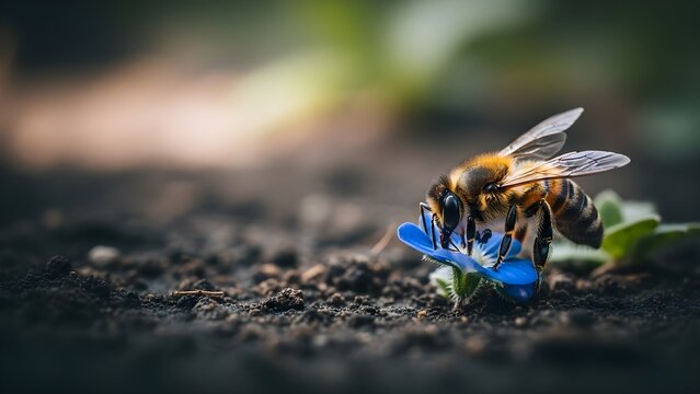Macro photograph of a bee resting on soil with a blurred background and realistic nature tones