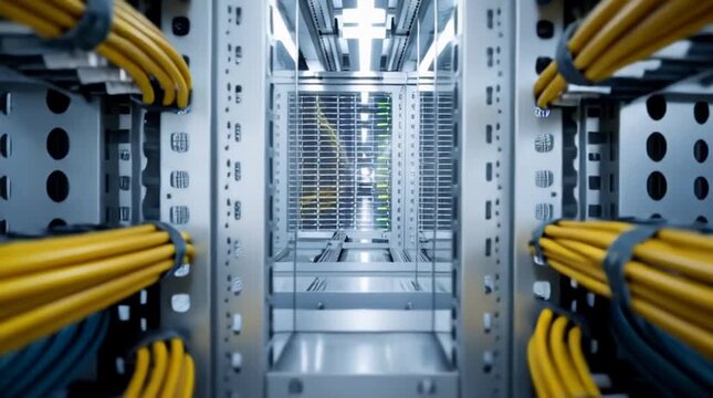 Inside view of server rack corridor densely packed with yellow network cables