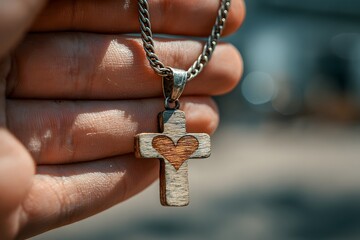 A hand holding a wooden cross necklace over heart, symbolic moment of.