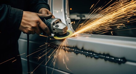 Worker using an angle grinder on metal surface generating bright electric sparks