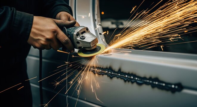 Worker using an angle grinder on metal surface generating bright electric sparks - Powered by Adobe