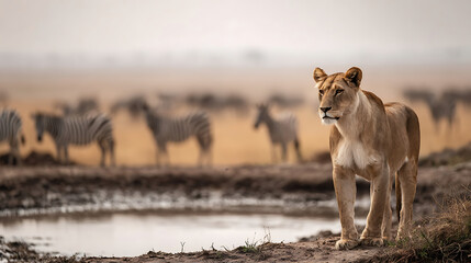 Lioness stands guard at watering hole with zebras in background