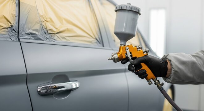 Professional holding a spray paint gun ready to refinish the body panel of a car in a paint booth.
