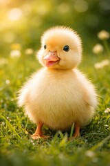 An adorable baby duckling with soft yellow feathers standing on green grass in warm natural sunlight. The image conveys cuteness, innocence, springtime, nature, happiness, and animal life.