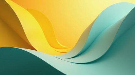 Smooth 3D Wave Layers in Contrasting Teal and Yellow Colors Creating a Soft Architectural Abstract Backdrop