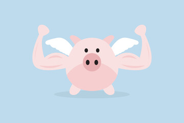 Strong financial health, pink piggy bank with muscle arms and flying wings prepared to battle for trade benefit