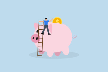 Personal finance strategy, businessman utilizing stair to climb up pink piggy bank with brilliant cash coin as last target